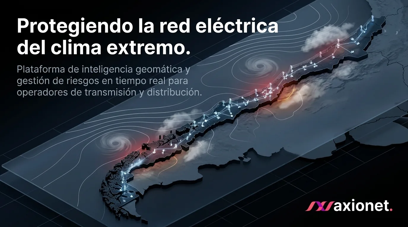 Mapa de Chile con la red de transmisión eléctrica sobre condiciones de clima extremo. ElecOps protege la red del clima extremo.