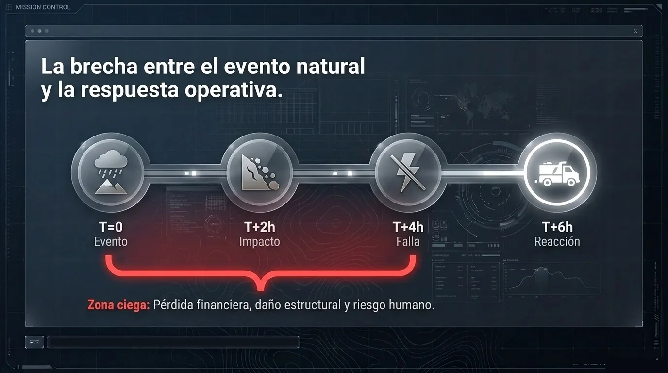 Línea de tiempo del evento climático: a las 2 horas el impacto, a las 4 la falla y recién a las 6 la reacción operativa.