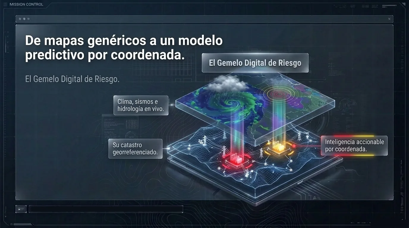 Gemelo digital de riesgo: capa de clima, sismos e hidrología en vivo sobre el catastro georreferenciado.